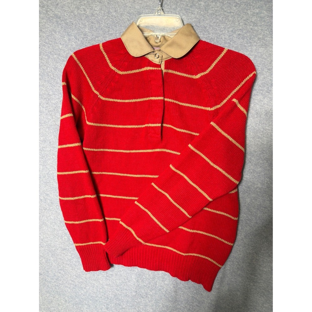 VTG Pheasant Run Red Tan Striped Long Sleeve Rugby Shirt Collar Sweater Women  S